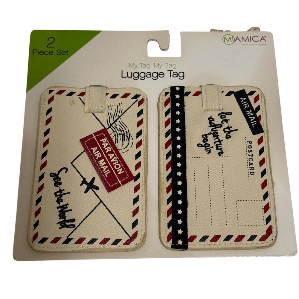 Miamica 2pc Luggage Tag Set Airmail Postcard Vintage Style Cream NEW‎